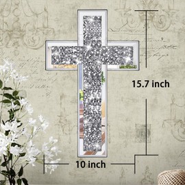Uaussi Crushed Diamond Mirrored Wall Cross Glass Mirror Crystal Cross for Wall Table 15.7x10 Inch Decorative Home Décor-Sliver