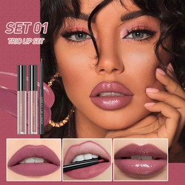 ZAMANIYA 3 In 1 Lip Gloss Set With Matte Lipstick ,Moisturizing Lip Gloss And 2mm Lip Liner Liquid Lipstick Long Lasting Makeup Lip Plumping Lipstick Lipgloss Soft And Smooth Like Cream (01 - Sunset Encounter)