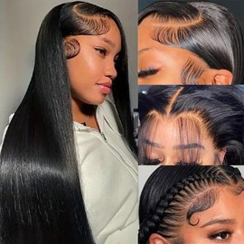 Mihugass 13x6 Lace Front Wigs Human Hair For Women 250% Density #1 Jet Black Color Full Lace Frontal Wigs Affordable HD Transparent Lace Wigs (16 Inch)