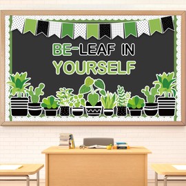 FYSUIMU Spring Potted Plant Bulletin Board Set Be-Leaf in Yourself Plant Cutouts Greenery Classroom Decoration for School Office Chalkboard Wall Decor