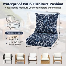 puredown® Outdoor Seat Cushions 24 X 24 X 5.75 Inch, Waterproof & Fade Resistant Patio Furniture Replacement Cushions with Removable Cover for Chair, Sofa, Couch, Wicker, Navy Flower