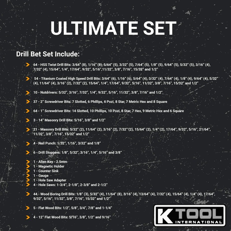 K Tool International 10330 Automotive Plastic/Steel/Wood Premium Drill Bit/Accessory Set
