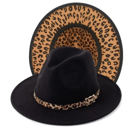 HUDANHUWEI Women's Wide Brim Felt Fedora Panama Hat with Leopard Belt Buckle Y-Black & Leopard