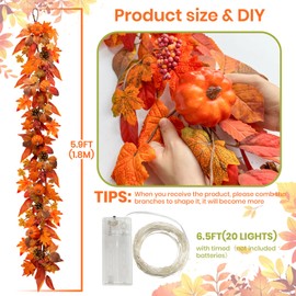 6ft Fall Garland with Lights,Autumn Pumpkin Garlands with Berry Pine Leaves,Floraleaf Garland for Mantle Table, Thanksgiving Indoor and Outdoor Fall Decor