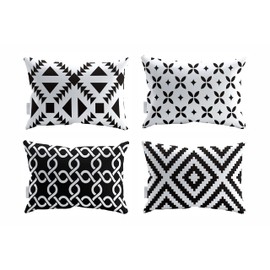 4pack Black White Scandi Pillowcases Cushion Covers 12x20 Inches Rectangular Soft Plush Throw Pillow Covers 50 x 30cm for Garden Patio Living Room Couch Sofa Bedroom (Geometric)