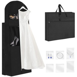 TANGKA Wedding Dress Garment Bag,72’ Tri-Fold Bridal Gown Bag with 6 Pouches and Adjustable Buckle Gown Cover for Wedding/Prom/Travel/Closet Storage (Black)
