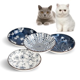 Swuut Ceramic Cat Bowls Set of 4, Vintage Blue and White Pet Dog Bowl for Food & Water, 5.5 in Small Kitten Wide Shallow Dishes for Indoor Cats