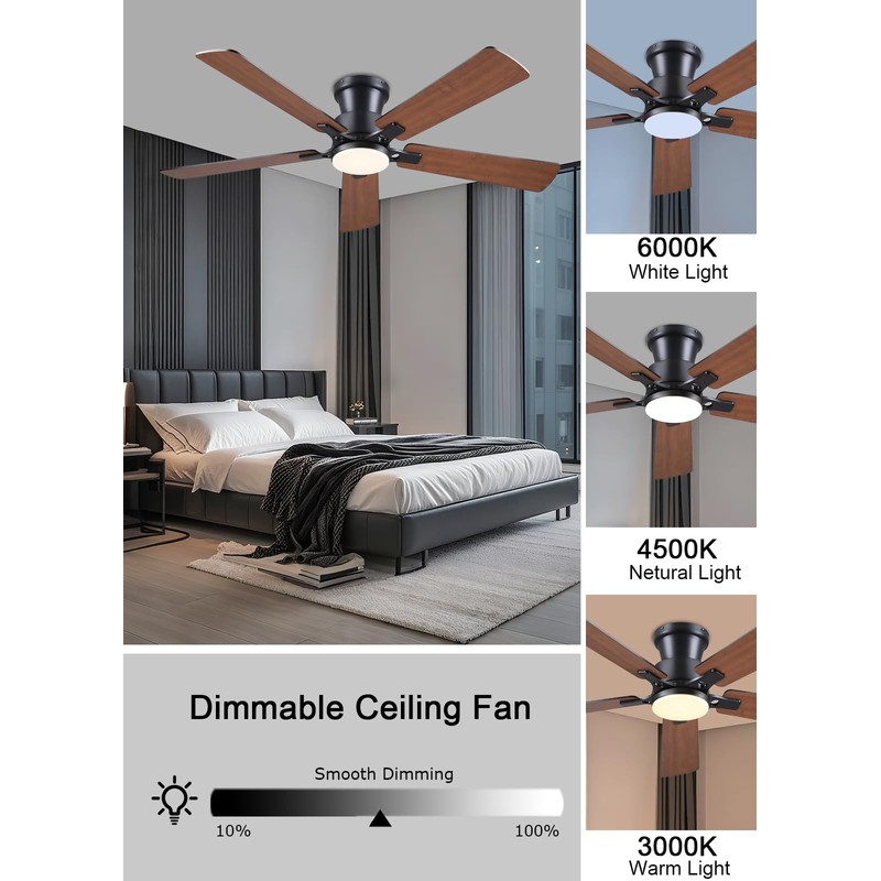 JSAITEE 52Inch Flush Mount Ceiling Fan with Lights Low Profile