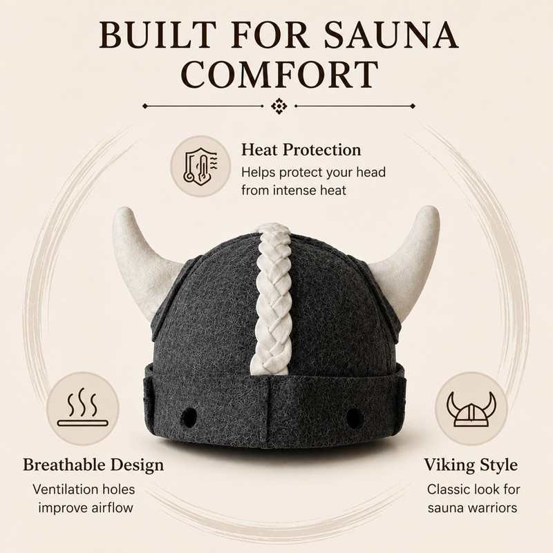 100% Wool Sauna Hat, Felt Viking Cap, Heat Protection Gray