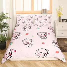 feelingyou Cartoon Axolotl Duvet Cover 135 x 200 cm, Cute Pink Babyfish Duvet Cover for Children Boys Bedroom, Fruit and Heart Print Bedding Set with 1 Pillowcase Bedspread, Soft