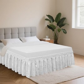 QSY Home Wrap Around Elastic Eyelet Bed Skirts 14 1/2 Inches Drop Dust Ruffle Three Fabric Sides Easy On/Easy Off Adjustable Polyester Cotton(White Queen/King)