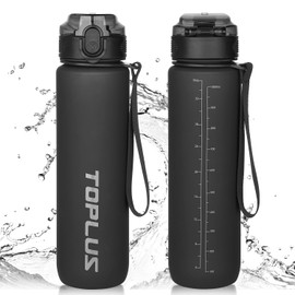 TOPLUS Sports Water Bottle 1L, BPA-Free Tritan Plastic Water Bottle for teenagers, adults, sports, hiking, gym, fitness, outdoor activities, cycling, school and office，Black