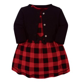 Touched by Nature Baby Girls' Organic Cotton Dress and Cardigan, Buffalo Plaid, 6-9 Months