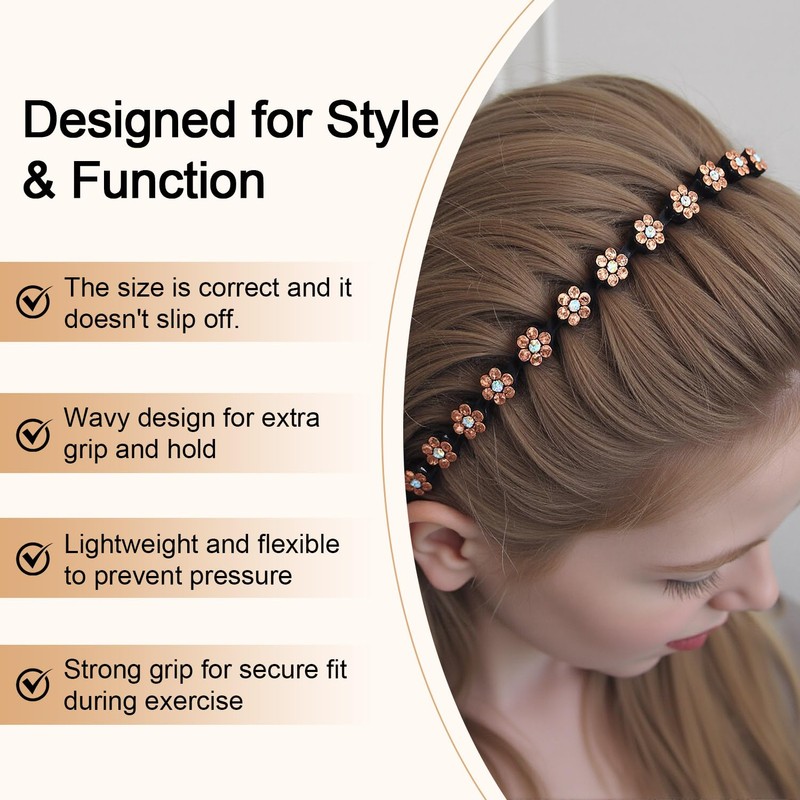 Flower Crystal Headbands for Women Non Slip, Wave Rhinestone Head