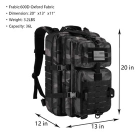 Hannibal Tactical 36L MOLLE Assault Backpack, Military Tactical Backpack Army Camping Rucksack, 3-Day Pack Trip w/USA Flag Patch, D-Rings, Black Camo