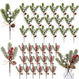 Riceshoot 60 Pcs Christmas Artificial Berry Stems Pine Cones Picks Spray Artificial Pine Branches Christmas Floral Picks Christmas Tree Picks Sprays for Decoration DIY Xmas Garland Wreath Ornaments