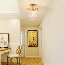 FRIXCHUR Mini Size Crystal Chandelier Modern Flush Mount Ceiling Light 3 Tiers Raindrops Crystal Pendant Lighting Fixture Decoration for Bedroom Hallway Living Room,E26 Base,Gold