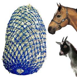 Majestic Ally 1.25”x1.25” Holes Ultra Slow Feed 38” Very Sturdy Hay Net with Bottom Ring for Horses, Nylon monofilament Rope Hanging, Travel Feeder for Trailer and Stall, Reduces Waste (Royal Blue)
