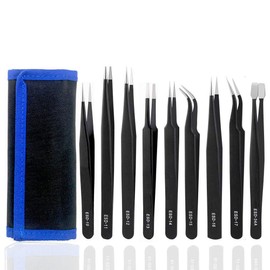 ESD Tweezers Set Precision Antistatic Stainless Steel Repair Tool Model Making Tweezers for Computer Electronic Repairs Jewellery Precision Work 9 Pieces