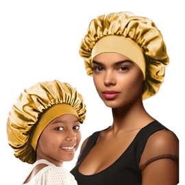 FNMAOAO Silk Satin Bonnet Sets Shower Cap for Sleeping Mommy and Me Hair Bonnet Set with Elastic Band Adjustable and Reusable(Gold)