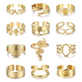 Besteel 18K Gold Plated Rings for Women, Stainless Steel Statement Rings Pack Stacking Boho Midi Rings Adjustable Open Ring Band Twisted Signet Rings Non Tarnish Gold Rings