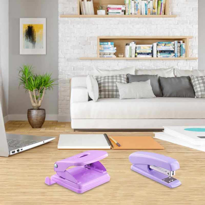 Cozlly Hole Punch Stapler Set, Purple Office Stapler Hole Punch,