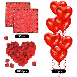RANJIMA Romantic Decoration, Wedding Decoration Set, Marriage Proposal Decoration, 1000 Rose Petals, Red, 50 Tea Lights, Heart Shape, 10 Heart-Shaped Foil Balloons for Christmas, Valentine's Day,