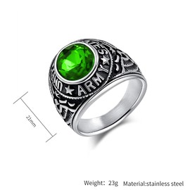 US Military Honor Ring for Men, Silver-Tone Titanium Steel Army Ring with Red/Blue/Green/Black Gemstones, Patriotic US Army Symbol Statement Jewelry