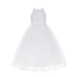 Sequin Halter Junior Flower Girl Dress Ceremonial Gown Communion Baptism 202 6 White