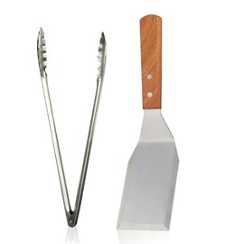 FONTEME 16-inch, Stainless Steel Utility Tongs, Extra Heavyweight | Stainless Steel Hamburger Turner, Medium, with Wooden Handle [1PK]