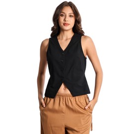 EELOTILE Womens Linen Cotton Vest Waist Tie V Neck Sleeveless Button Down Waistcoat Vest