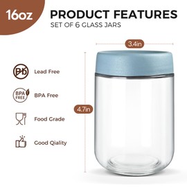 HIGLASTO Glass Jars For Overnight Oats, 16oz Food Storage Containers Mason Jars with Airtight Lids for Chia Seed Pudding, Yogurt, Meal Prep (Set of 6)