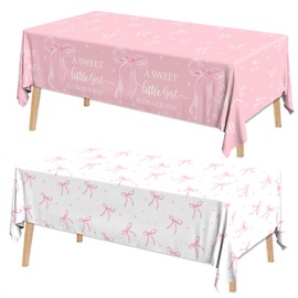 2Pcs A Sweet Little Girl is on Her Way Tablecloths,Pink Bow Baby Shower Decorations Coquette Bow Plastic Table Cover Pink Bow Birthday Party Tablecloth for Girl Baby Shower Party Decor