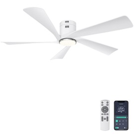 Ohniyou 52” Flush Mount Ceiling Fan with Lights, Remote & APP Control Low Profile Indoor Outdoor Ceiling Fans, Dimmable, Quiet DC Motor, Reversible, White