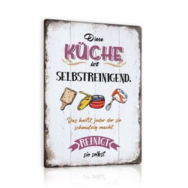 Set of 5 Retro Tin Sign Kitchen with Funny Saying - DIESE KÜCHE IST SELBSTREINIGEND - MEINE KÜCHE MEINE REGELN - Vintage Metal Wall Sign Kitchen Decoration as a Gift and Family Sign 20 x 30 cm