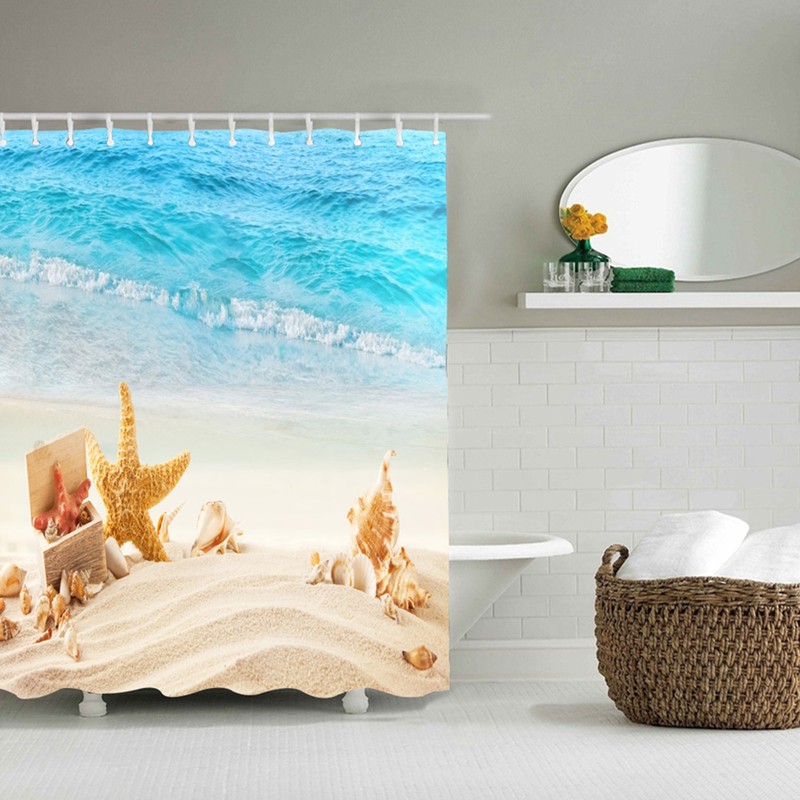 Beautiful Beach Scenery Shower Curtain Waterproof Mildew Proof Print Bath