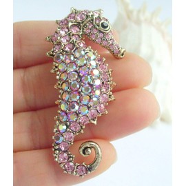 2.16" Lovely Animal Seahorse Brooch Pin Pendant Austrian Crystal UKB2254 (Gold-Tone Pink)