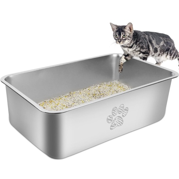 PWTAA Stainless Steel Cat Litter Box High Side Cats Toilet