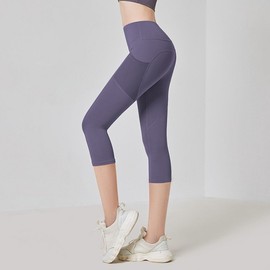 New High-Elastic Nude-Fit 3/4 Length Yoga Fitness Crop Pants with Side Mesh M/Honey Pomelo Powder 5ea