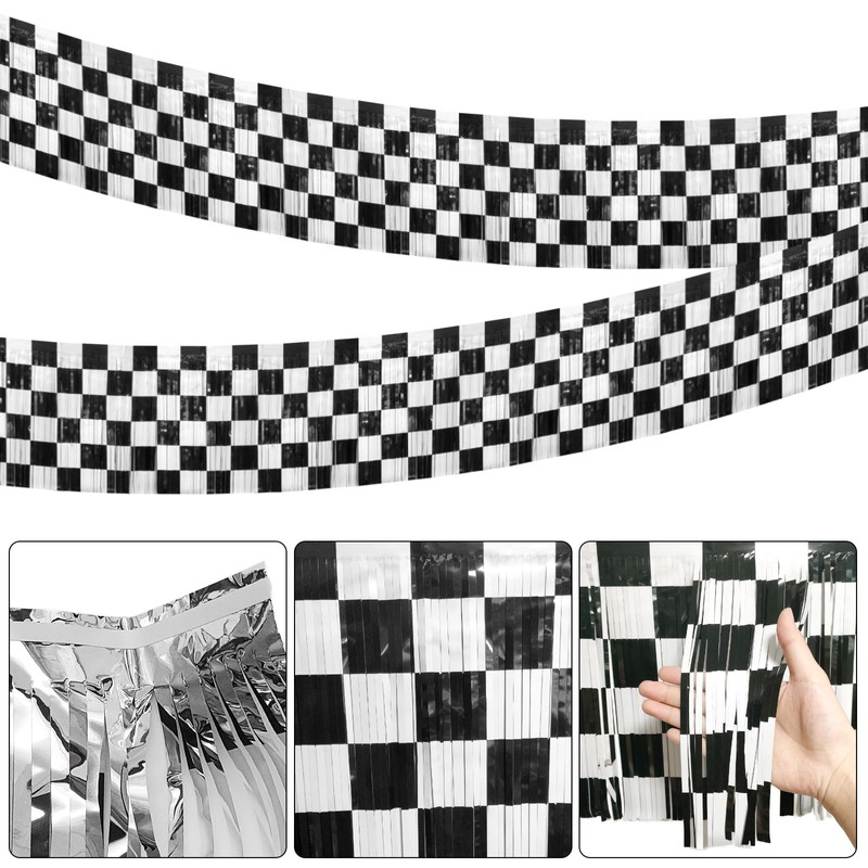 4 Pack Race Car Foil Fringe Garland Black White Checkered