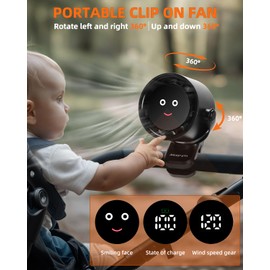 Akejrym Clip on Fan for Bed, Portable Fan for Travel, 360° Rotate Battery Operated Personal Fan, Digital display, stroller fan with 5 Speeds, For Home Office Stroller Camping - Black