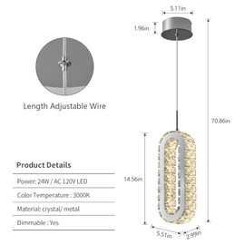 FDPBY Pendant Lighting for Kitchen Island LED Modern Chrome Pendant Lights Fixture Mini Oval Crystal Chandeliers for Bedroom Living Room Bathroom Dining Room Corridor Bar Warm Single Hanging Light