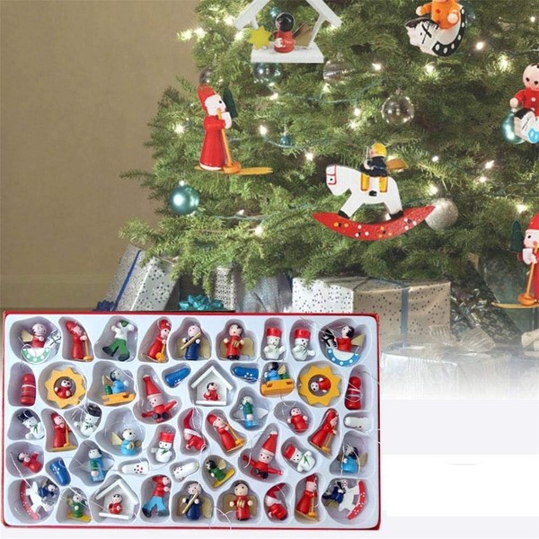 sdgfd Wunderschöner Holz Baumbehang als 48er Set, Weihnachtsanhänger Weihnachtsmann Schneemann