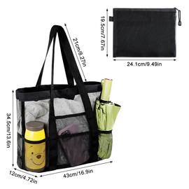SHAIDOJIO Mesh Beach Bag with 1PCS Toiletry Bag, Black Large Beach Bag, Foldable Lightweight Family Tote Bag with 8 Pockets, Mesh Beach Bags for Women for Beach Pool Travel Picnic Swim Shopping
