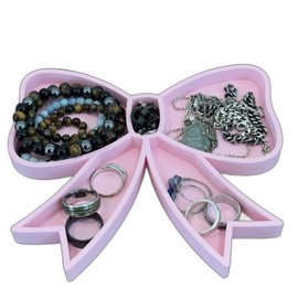 Bow Jewelry Tray - Cute Ribbon Jewelry Dish for Rings, Keys & Accessories - Kawaii Vanity Organizer - Color: Red