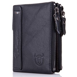 BULLCAPTAIN Genuine Leather Wallet for Men Vintage Bifold with Double Zipper Pockets (Black)