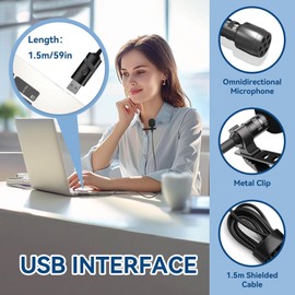 USB Microphone, Lavalier Microphone USB Microphone Computer PC Microphone with Microphones Windscreen Lapel Shirt Collar Clip on Mic for PC Computer Mac Laptop Camera(59in/1.5m) (USB)