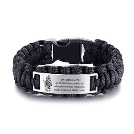 LF Mens Saint Christopher Bracelet Stainless Steel Braided Survival Rope St Christopher Survival Cuff Bracelets Bangle Black Christian Jewelry for Travel,Communion,Birthday Gift