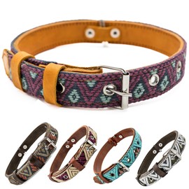 Paw Tribe Western Dog Collar - Leather Embroidered Design for Small Medium Large Dogs & Puppy Pets - Aztec Southwest for Boy Girl Female & Male Dogs - Collar para Perros Beaded (Small, Camelot)