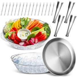 Baderke 2 Sets 11.8" Chilled Serving Tray for Parties Round Iced Platter with Ice Underneath Stainless Steel Clip Fruit Fork Shrimp Cocktail Serving Dish for Oysters Crawfish Fruits (Original)